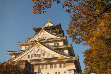 Osaka Castle, the historical Osaka Castle in spring season colouring red tree surrounding