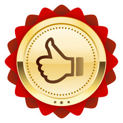 Finest quality seal or icon with thumbs up symbol. Glossy golden seal or button with red color.