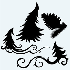 Set christmas trees and pine cone. Isolated on blue background. Vector silhouettes