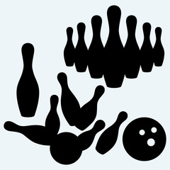Elements bowling. Skittles and ball. Isolated on blue background. Vector silhouettes