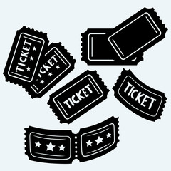 Set cinema tickets. Isolated on blue background. Vector silhouettes