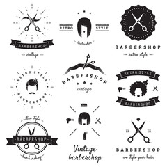 Barbershop (hair salon) logo vintage vector set. Hipster and retro style. Perfect for your business design.