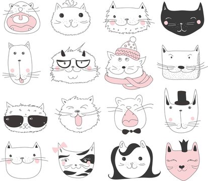 Set of 16 Vector doodle cute cats avatars