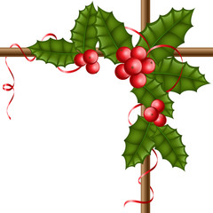 Christmas holly corner decoration with red ribbon