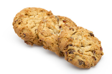 Oatmeal cookies with cranberries on a white background.