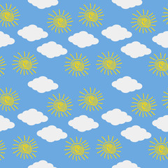 Sun and cloud icons on blue sky.