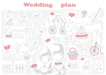 Doodle line design of web banner template with outline cartoon wedding icons. Wedding Planner Icons and Infographics.