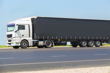 Fototapeta na wymiar truck transports freight on highway
