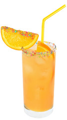 Cocktail with orange juice and ice cube decorated with multicolo