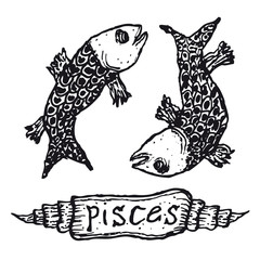 Hand drawn pisces horoscope sign with banner