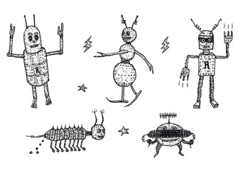 Hand drawn set of robots