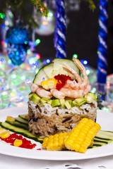 appetizer of rice, avocado and shrimp