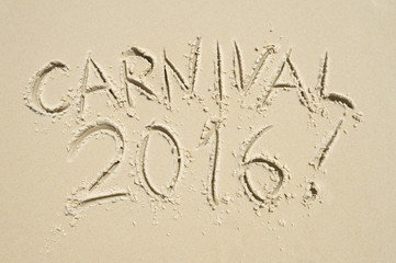 Carnival 2016 message handwritten in smooth sand on Ipanema Beach in Rio de Janeiro, Brazil 