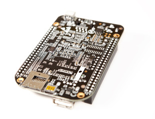 micro controller development platform PCB backside; very shallow depth of focus