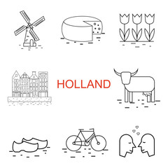 Naklejka premium Vector line Holland icon. Windmill, tulip, bike, clogs. Dutch culture