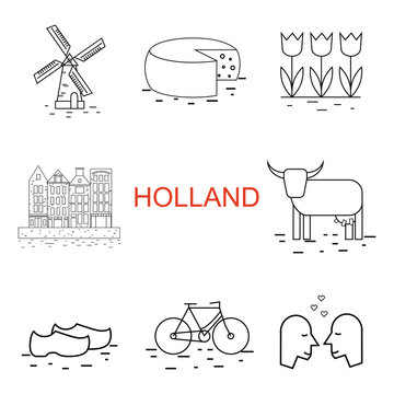 Vector  line Holland icon. Windmill, tulip, bike, clogs. Dutch culture