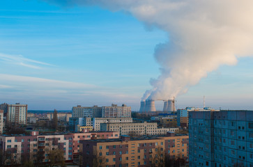 nuclear power station and smoke from the chimney