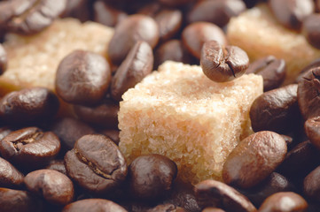 Cane sugar cubes covered by roasted coffee beans