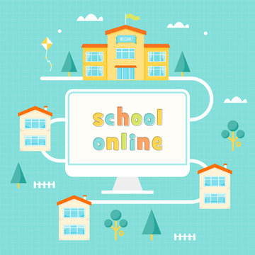 Computer, School Building and Houses. Online Learning Illustration