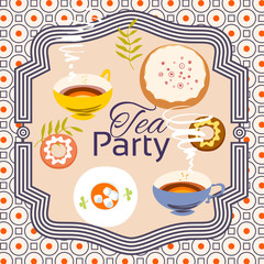 Tea party invitation card. Frame over pattern background