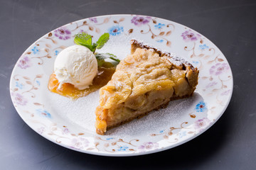 brownie and ice cream decorated with mint