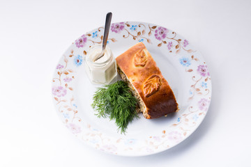 meat pie displayed with meat and gravy showing