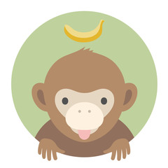 Animal set. Portrait in flat graphics - Monkey with banana. Vector illustration.
