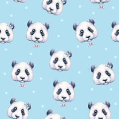 Pandas on light blue background. Seamless pattern. Watercolor drawing. Children's illustration. Handwork