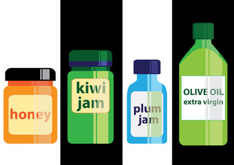 honey, kiwi jam, plum jam, olive oil bottle set