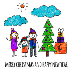 Vector illustration of happy family. Christmas