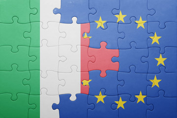 puzzle with the national flag of italy and european union