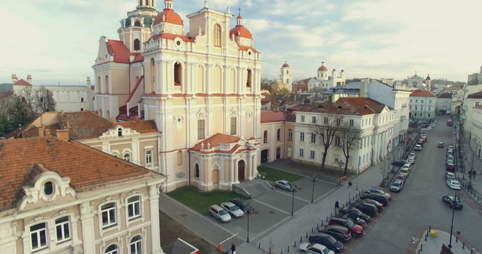  Beautiful aerial footage of Church of St. Casimir and landscape of Vilnius old town