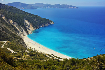 Naklejka na ściany i meble Panoramic View of beautiful Myrtos beach, Kefalonia, Ionian islands, Greece