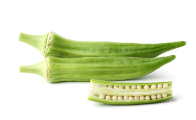 Two pods of okra isolated close up.