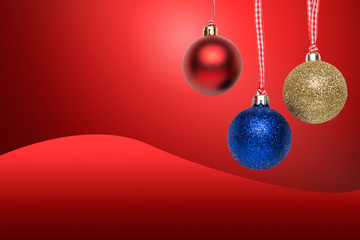 Greeting card with Christmas tree balls. Red background added in post processing