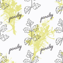 Hand drawn parsley branch and handwritten sign. Spicy herbs seamless pattern. Doodle kitchen background