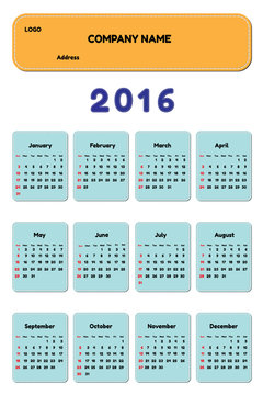 Template 2016 calendar weeks start from Sunday