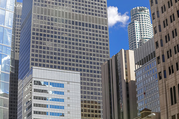 Obraz premium Colorful skyscrapers and blue sky in Downtown of Los Angeles, Ca