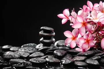 Rolgordijnen Still life with branch of frangipani with stacked black wet stones © Mee Ting