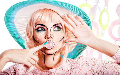 Girl with makeup in style pop art bubble from chewing gum.