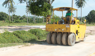 Detail of steamroller during road construction. Asphalt pavement works