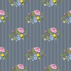 Vector Seamless Floral Pattern with pink roses and blue wildflow - 96806237