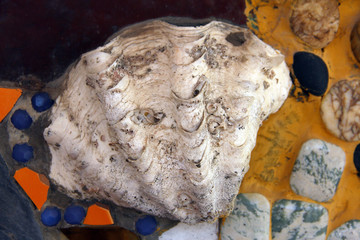 Exquisite texture / Wall texture style decorated with tiles, glass, shells and numerous precious...