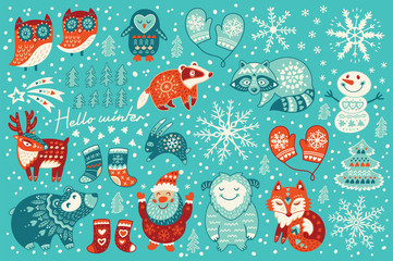 Holiday set of christmas characters in cartoon style  - obrazy, fototapety, plakaty