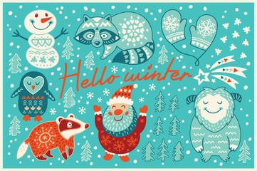 Hello winter card in cartoon style - obrazy, fototapety, plakaty