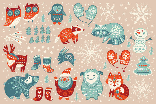 Holiday set of christmas characters in cartoon style 