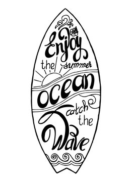 Surfboard calligraphy inscription 'Enjoy the summer', 'Ocean', '