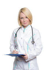 Smiling medical doctor woman with stethoscope. Isolated over white background