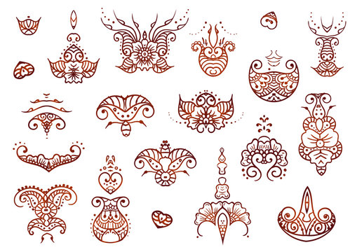 Henna mehndi tattoo doodle brown ornament vector set of elements isolated on white background