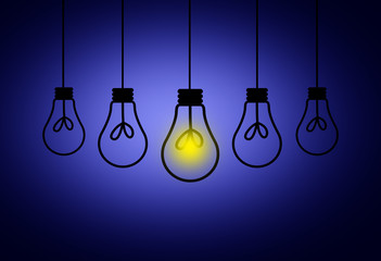 Leadership Concept - One light bulbs with glowing one isolated on blue 